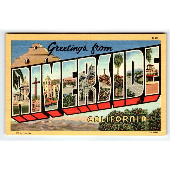 Greetings from Riverside California Vintage Large Letter Postcard Spanish Ranch - Picture 1 of 2